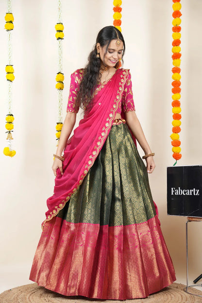 (Juhi) Women's Woven Design Half Saree with Blouse and Dupatta