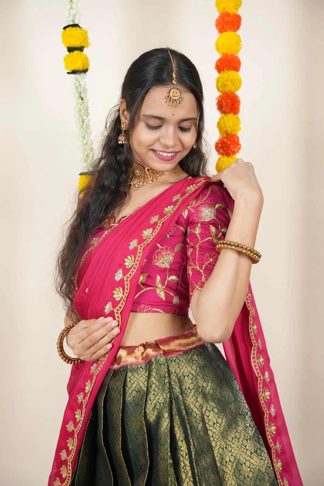 (Juhi) Women's Woven Design Half Saree with Blouse and Dupatta