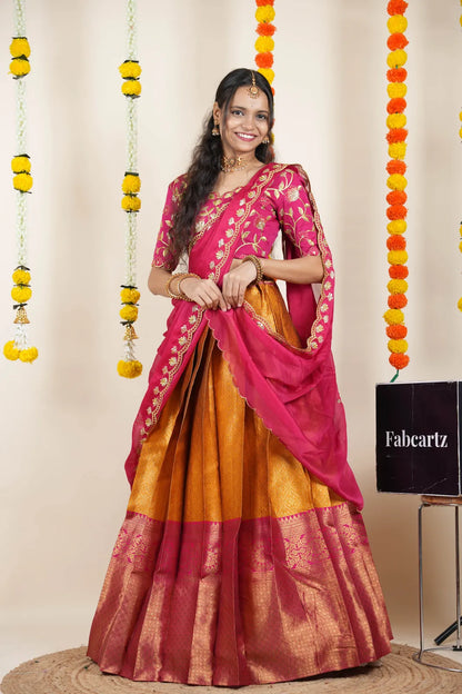 (Juhi) Women's Woven Design Half Saree with Blouse and Dupatta