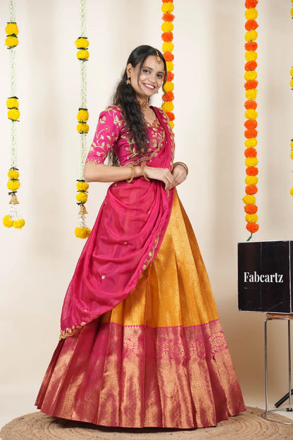 (Juhi) Women's Woven Design Half Saree with Blouse and Dupatta