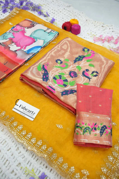 Nandi Women's Printed With Woven Zari Border in Half Saree with Blouse and Embroidered Dupatta