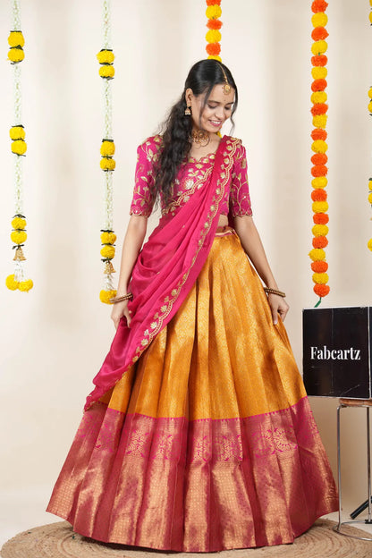 (Juhi) Women's Woven Design Half Saree with Blouse and Dupatta