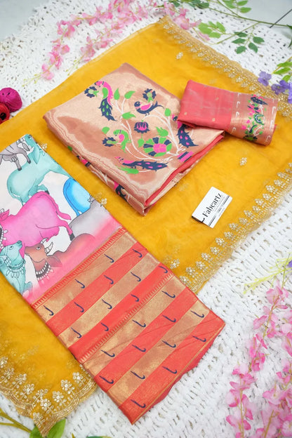 Nandi Women's Printed With Woven Zari Border in Half Saree with Blouse and Embroidered Dupatta