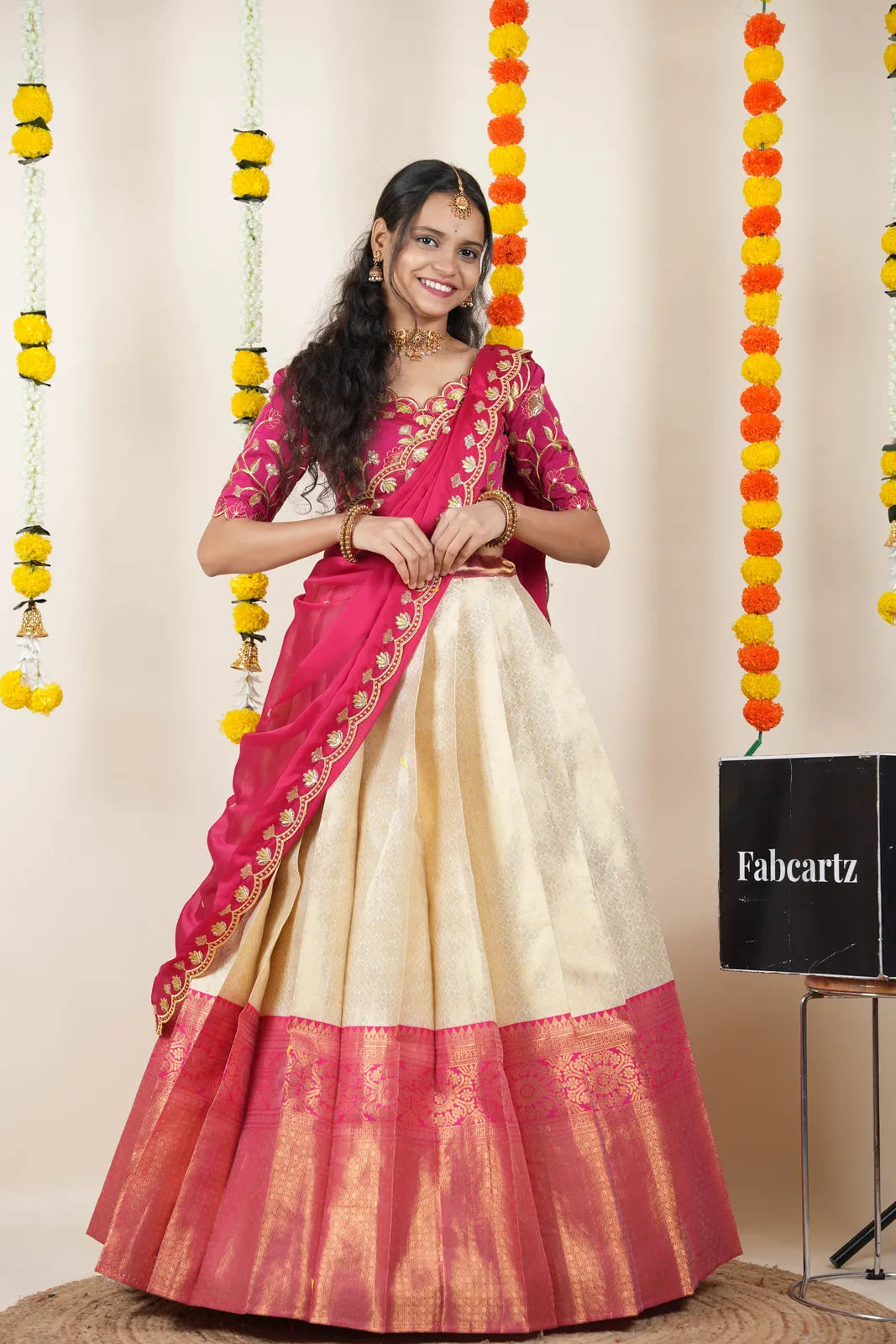 (Juhi) Women's Woven Design Half Saree with Blouse and Dupatta
