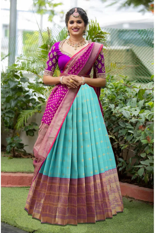 Jiya Women's Woven Design zari work Half Saree with Embroidered Blouse and Dupatta