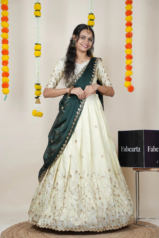 Satyabhumi Women's Embroidered Half Saree with Blouse and Dupatta