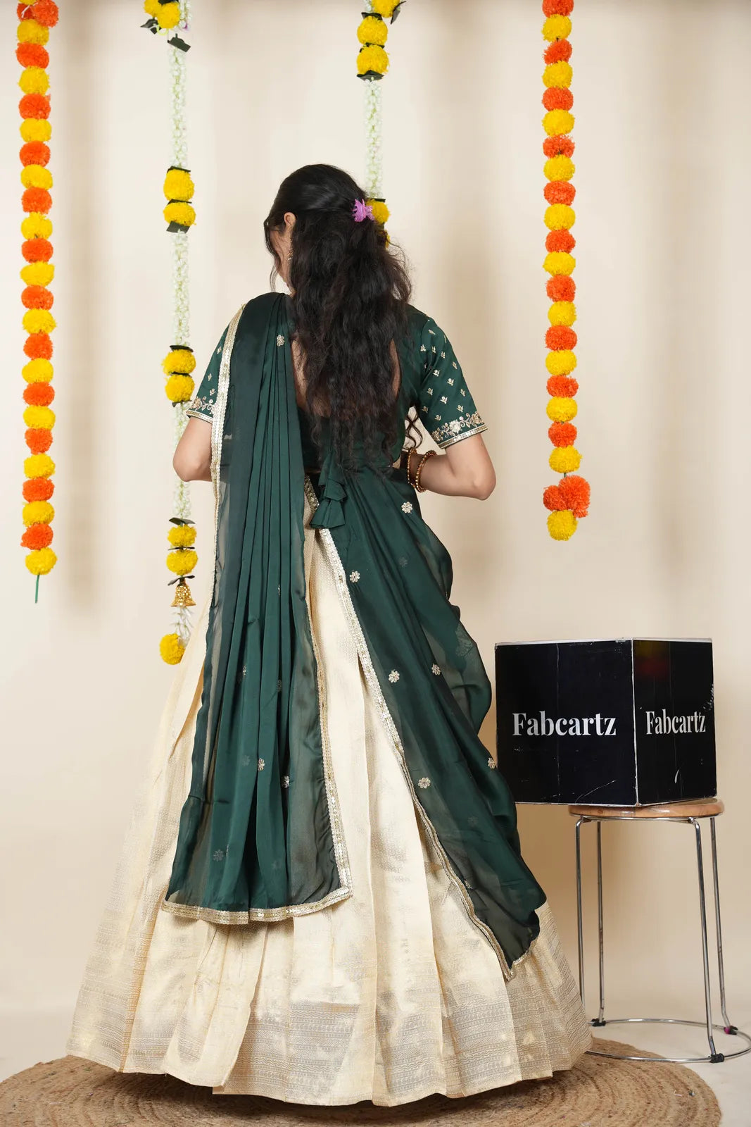 [Kiara (kv)]South Indian Festival Traditional Half Saree with Embroidered Blouse & Dupatta