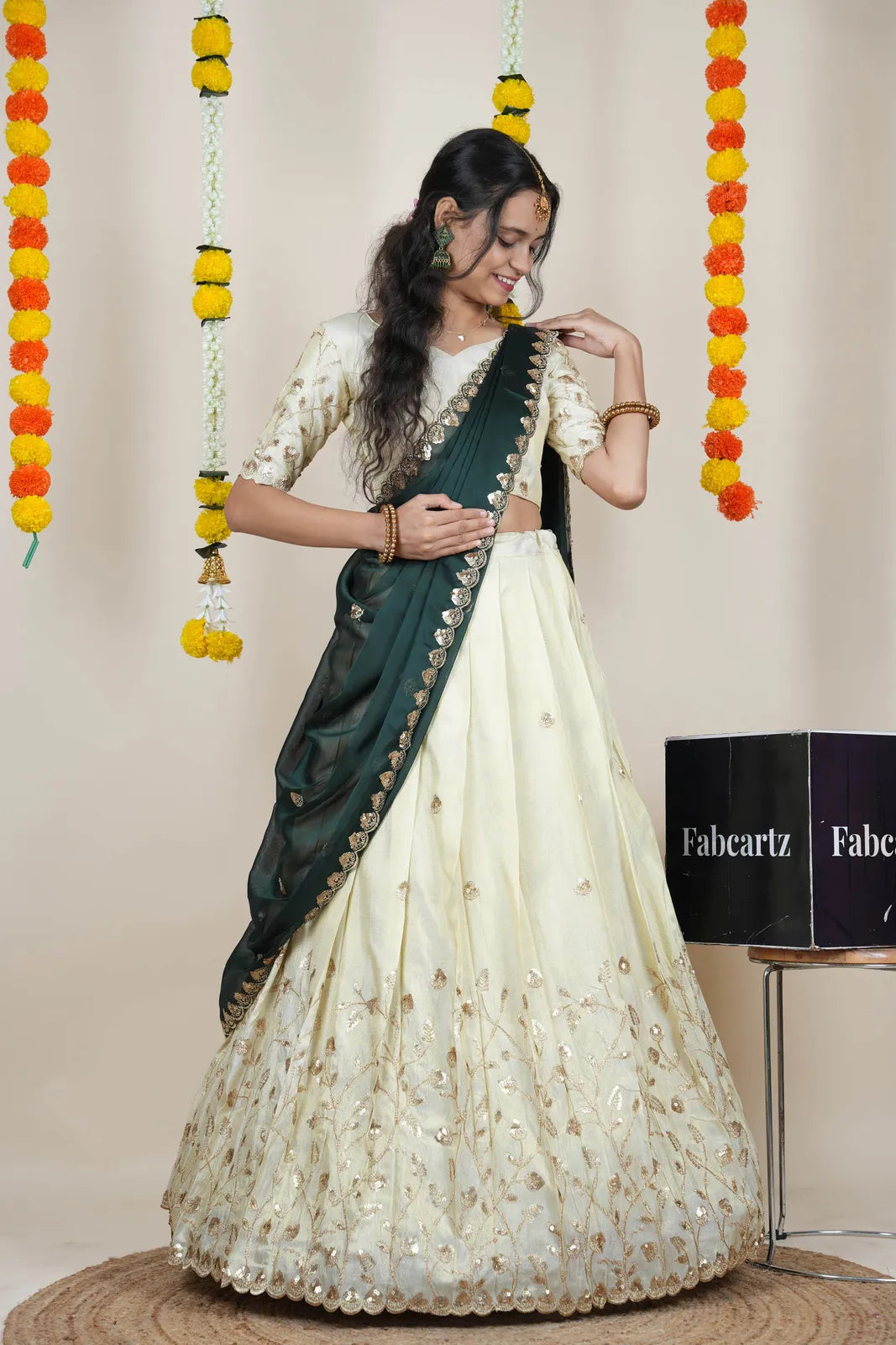 Satyabhumi Women's Embroidered Half Saree with Blouse and Dupatta