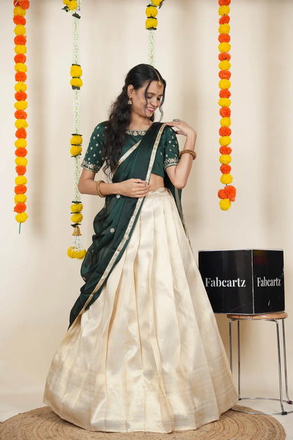 [Kiara (kv)]South Indian Festival Traditional Half Saree with Embroidered Blouse & Dupatta