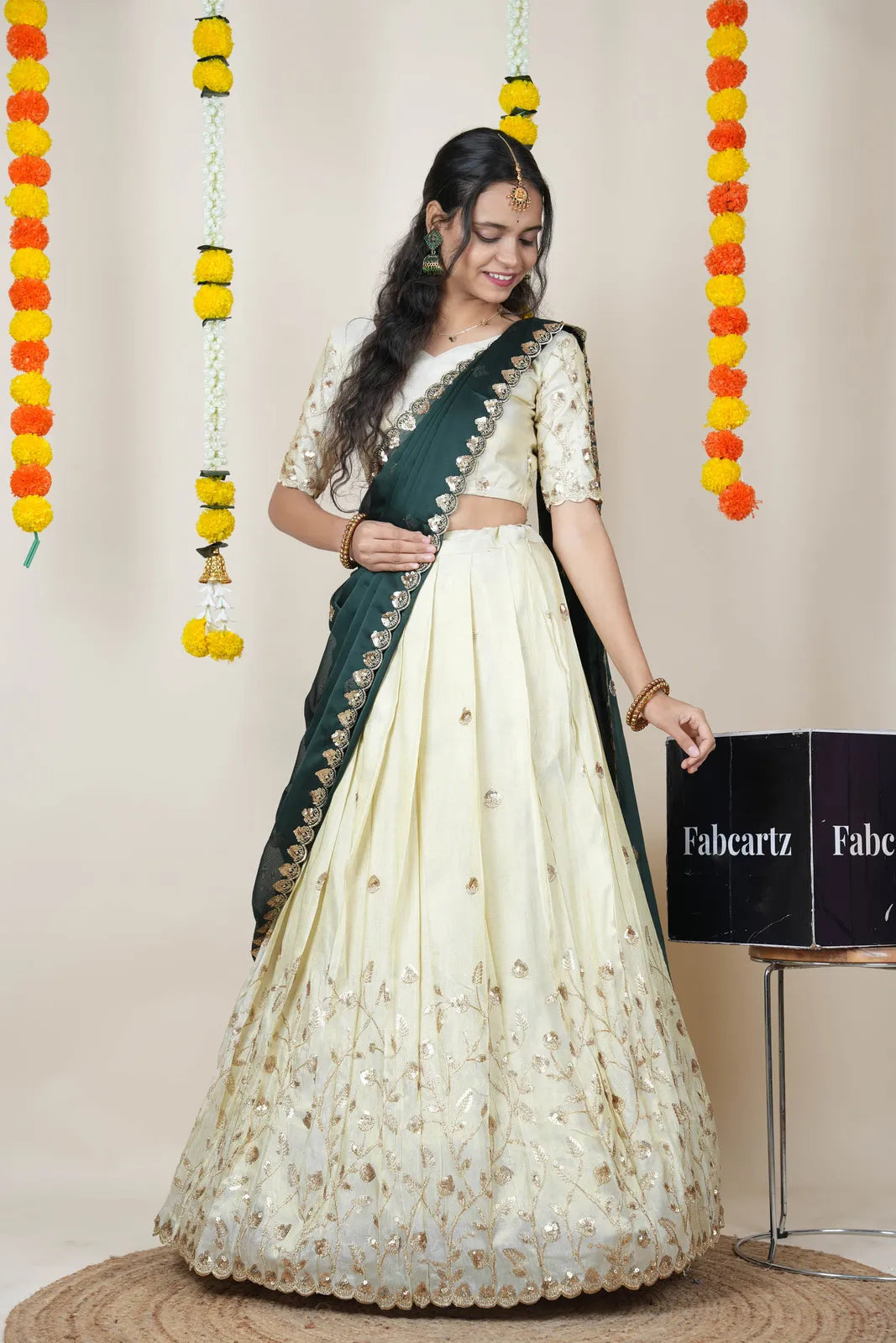 Satyabhumi Women's Embroidered Half Saree with Blouse and Dupatta