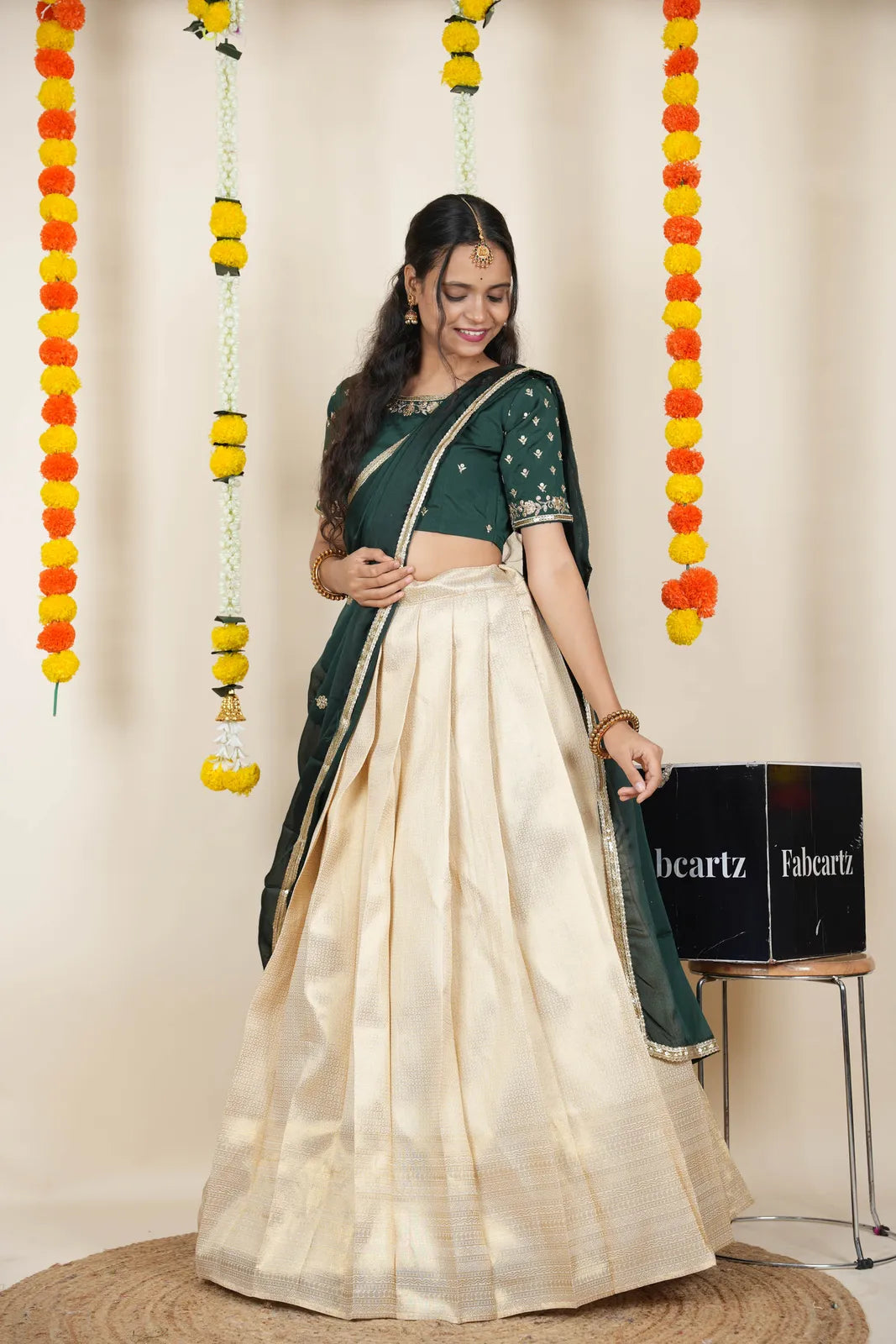 [Kiara (kv)]South Indian Festival Traditional Half Saree with Embroidered Blouse & Dupatta