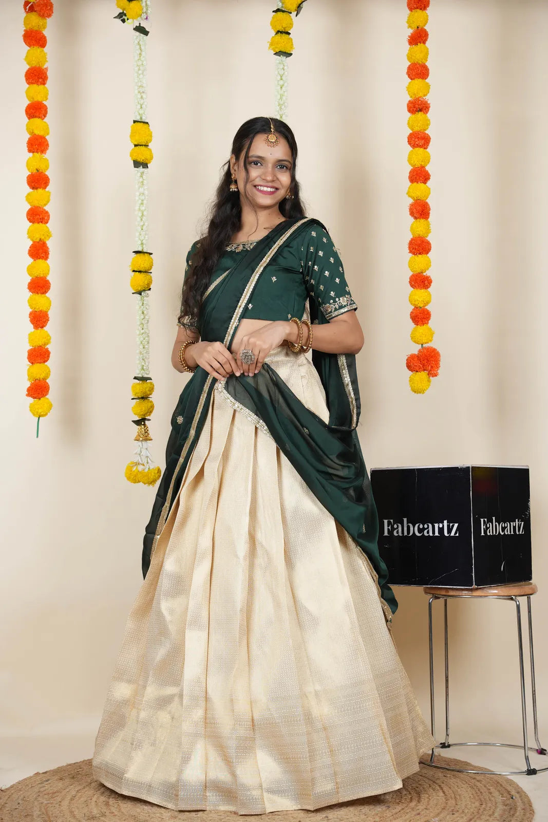 [Kiara (kv)]South Indian Festival Traditional Half Saree with Embroidered Blouse & Dupatta