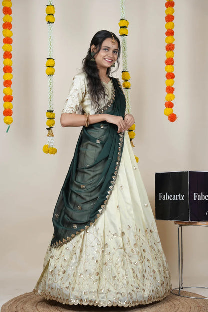 Satyabhumi Women's Embroidered Half Saree with Blouse and Dupatta
