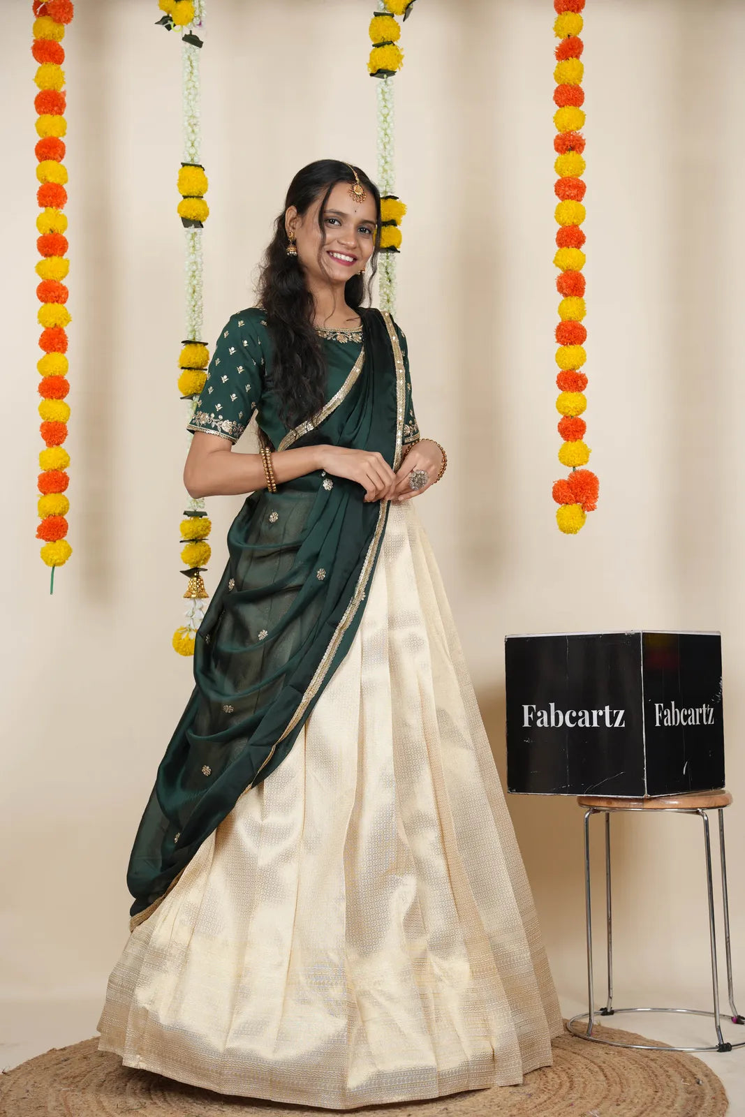 [Kiara (kv)]South Indian Festival Traditional Half Saree with Embroidered Blouse & Dupatta