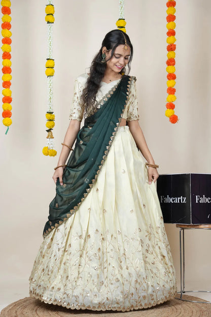 Satyabhumi Women's Embroidered Half Saree with Blouse and Dupatta