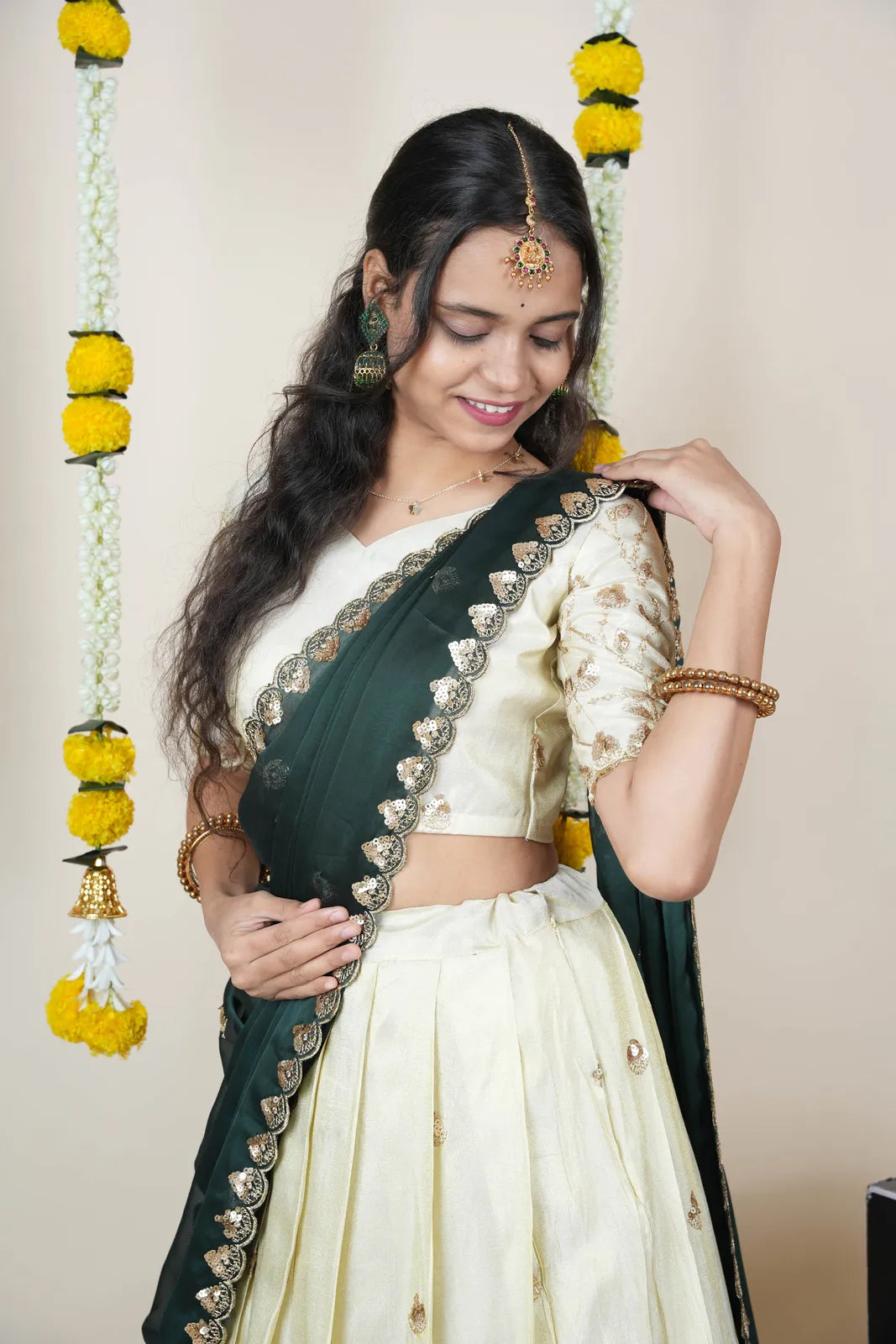 Satyabhumi Women's Embroidered Half Saree with Blouse and Dupatta