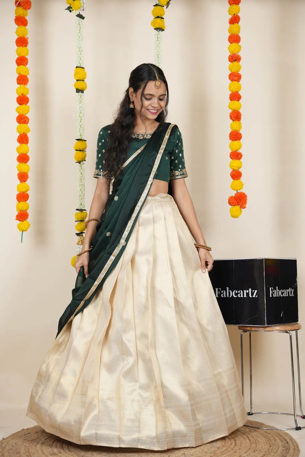 [Kiara (kv)]South Indian Festival Traditional Half Saree with Embroidered Blouse & Dupatta