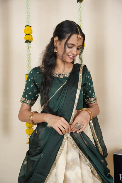 [Kiara (kv)]South Indian Festival Traditional Half Saree with Embroidered Blouse & Dupatta
