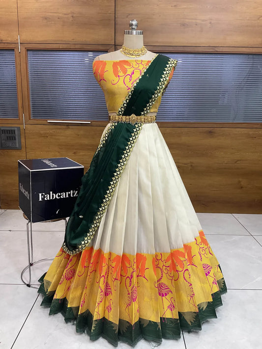 (HansRango) South Indian Festival Traditional Half Saree with Embroidered Blouse & Dupatta
