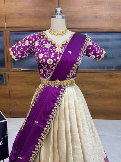 Munjya Women's Woven Design zari work Half Saree with Embroidered Blouse and Dupatta