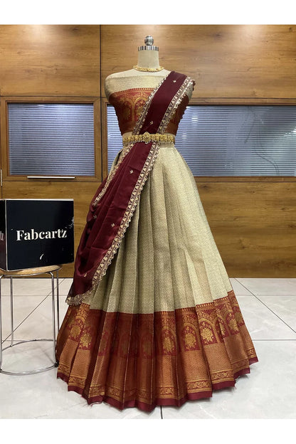 Oye!!Pattu Women's Woven Design zari work Half Saree with Embroidered Blouse and Dupatta