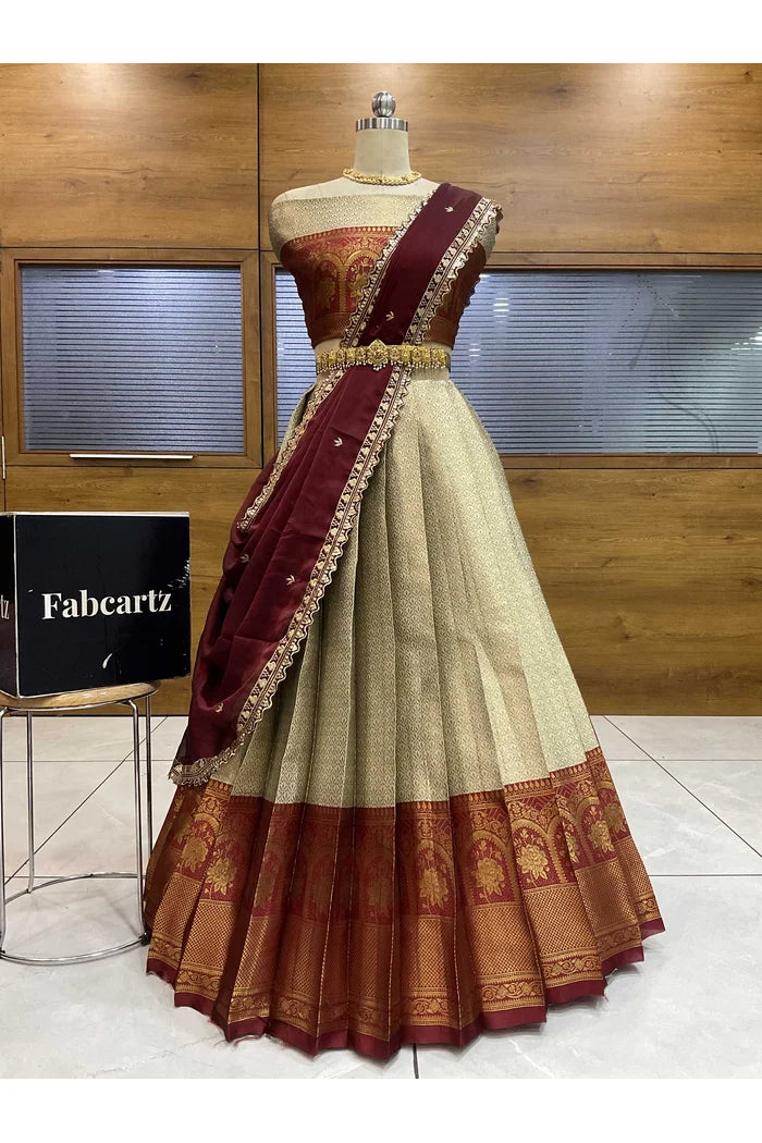 Oye!!Pattu Women's Woven Design zari work Half Saree with Embroidered Blouse and Dupatta