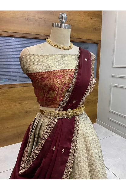 Oye!!Pattu Women's Woven Design zari work Half Saree with Embroidered Blouse and Dupatta