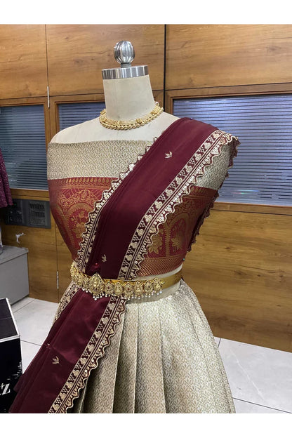 Oye!!Pattu Women's Woven Design zari work Half Saree with Embroidered Blouse and Dupatta