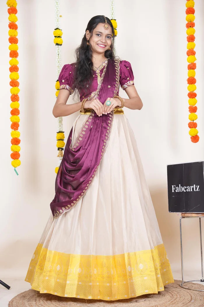 Ravleena   Women's Woven Design zari work Half Saree with Embroidered Blouse and Dupatta