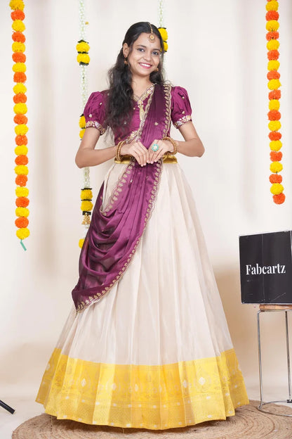 Ravleena   Women's Woven Design zari work Half Saree with Embroidered Blouse and Dupatta