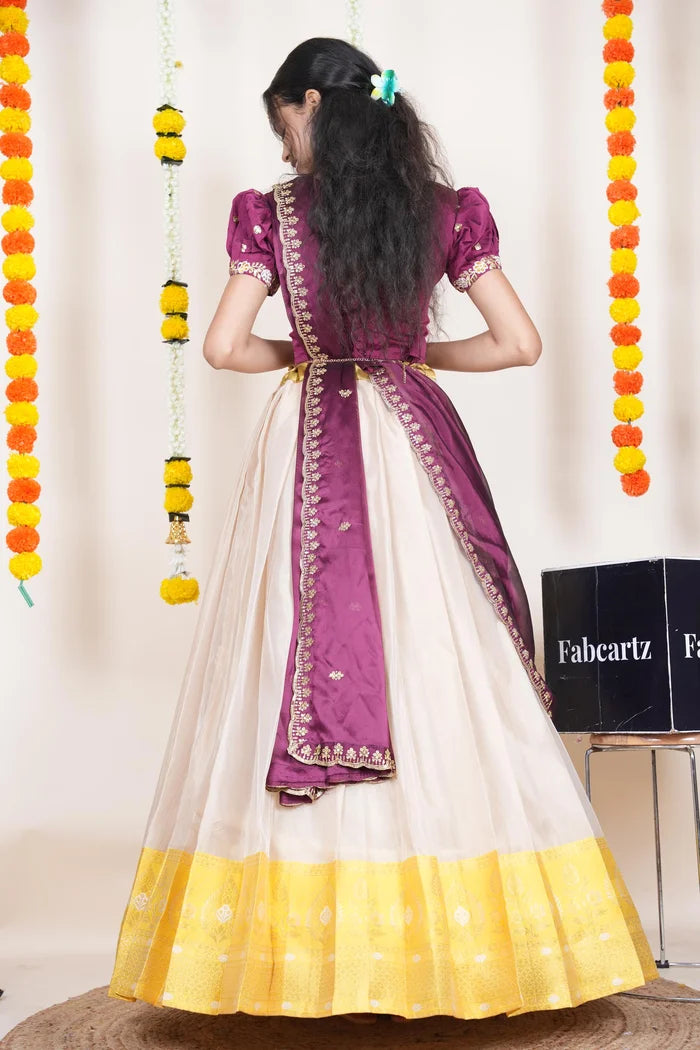 Ravleena   Women's Woven Design zari work Half Saree with Embroidered Blouse and Dupatta