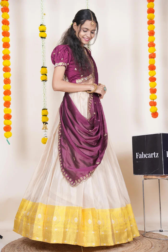 Ravleena   Women's Woven Design zari work Half Saree with Embroidered Blouse and Dupatta