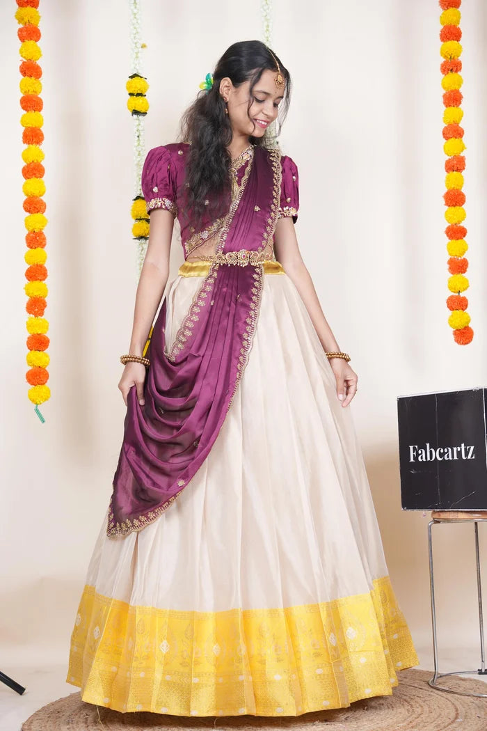 Ravleena   Women's Woven Design zari work Half Saree with Embroidered Blouse and Dupatta