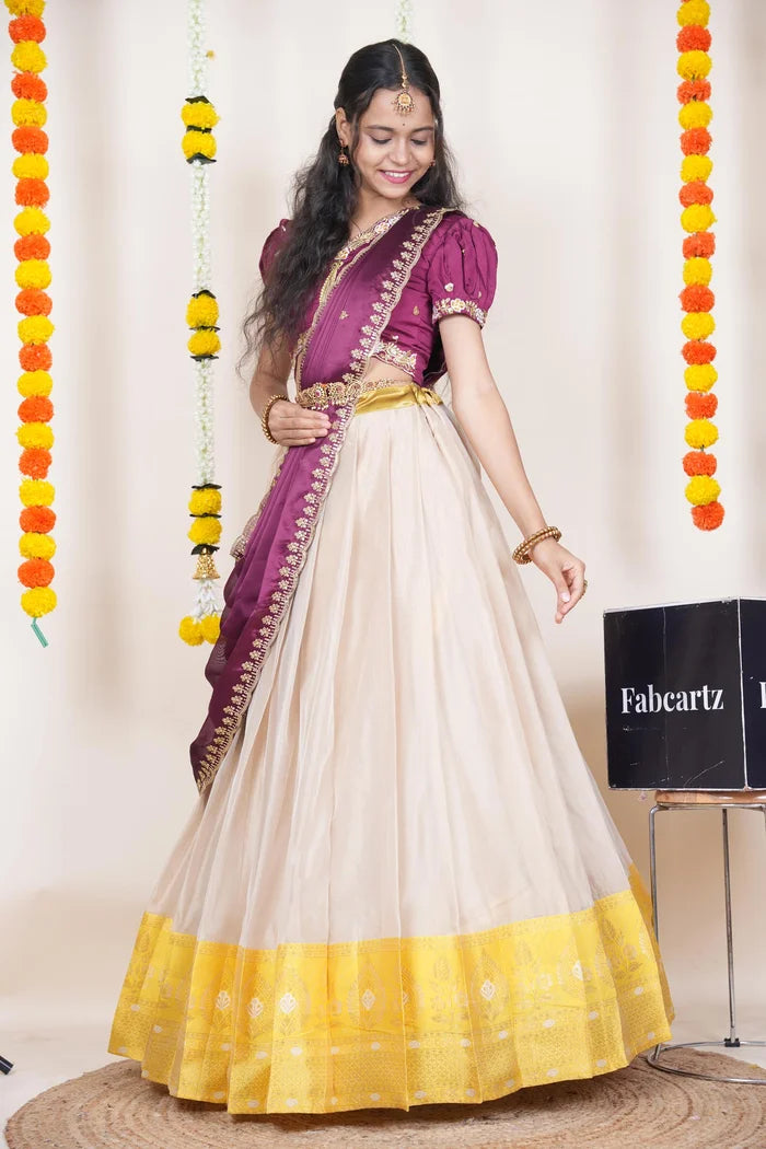 Ravleena   Women's Woven Design zari work Half Saree with Embroidered Blouse and Dupatta