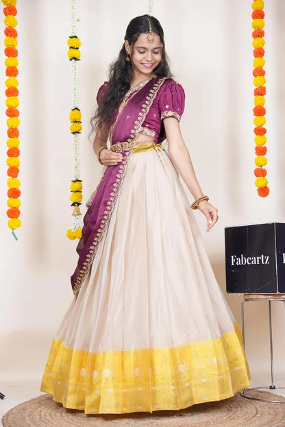 Ravleena   Women's Woven Design zari work Half Saree with Embroidered Blouse and Dupatta