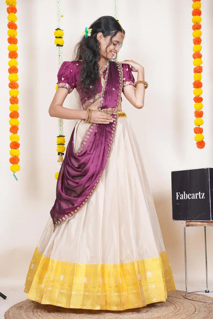 Ravleena   Women's Woven Design zari work Half Saree with Embroidered Blouse and Dupatta