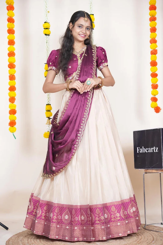 Ravleena   Women's Woven Design zari work Half Saree with Embroidered Blouse and Dupatta