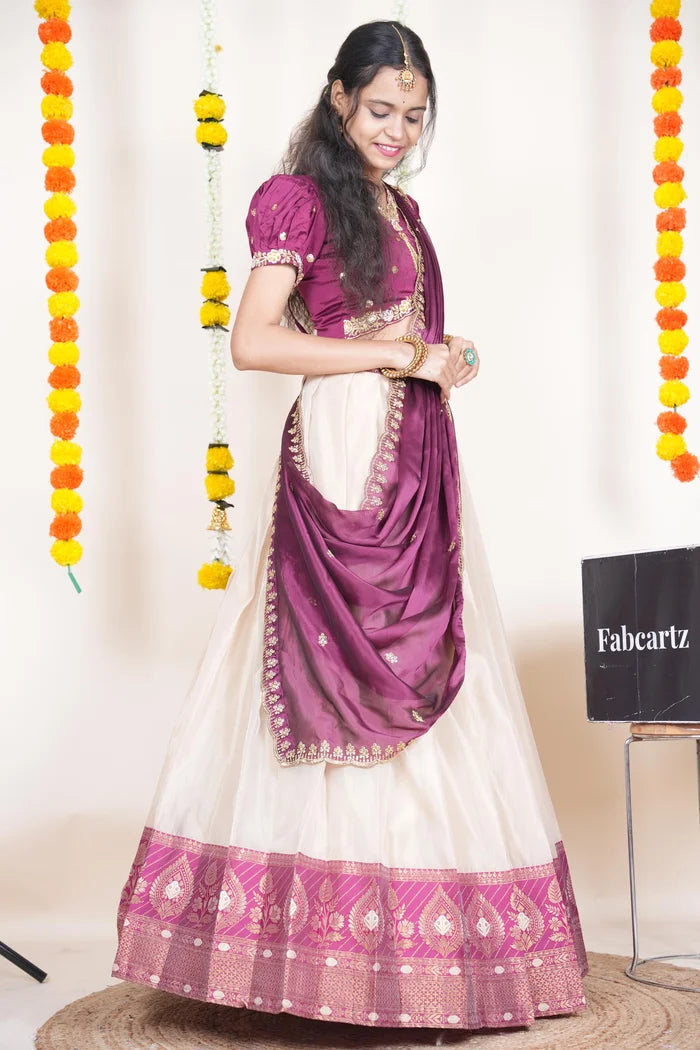 Ravleena   Women's Woven Design zari work Half Saree with Embroidered Blouse and Dupatta