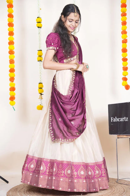 Ravleena   Women's Woven Design zari work Half Saree with Embroidered Blouse and Dupatta