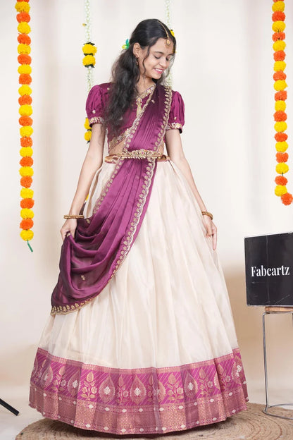 Ravleena   Women's Woven Design zari work Half Saree with Embroidered Blouse and Dupatta