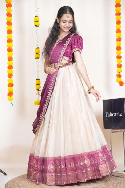 Ravleena   Women's Woven Design zari work Half Saree with Embroidered Blouse and Dupatta