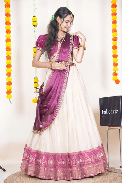 Ravleena   Women's Woven Design zari work Half Saree with Embroidered Blouse and Dupatta