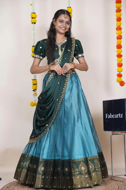 Ravleena   Women's Woven Design zari work Half Saree with Embroidered Blouse and Dupatta