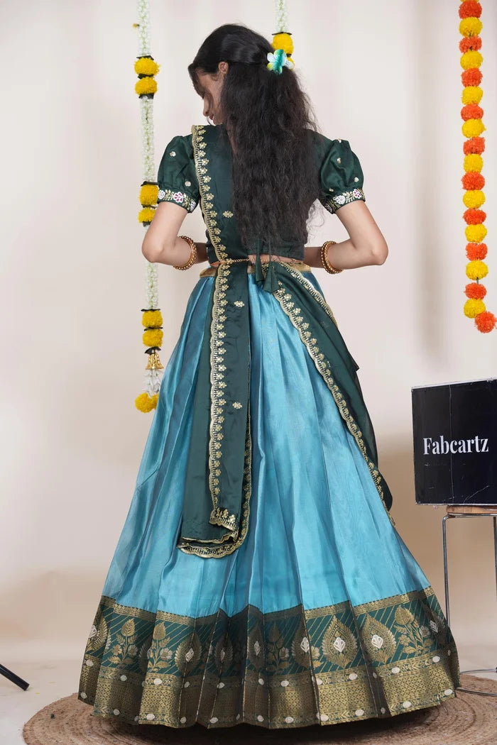 Ravleena   Women's Woven Design zari work Half Saree with Embroidered Blouse and Dupatta