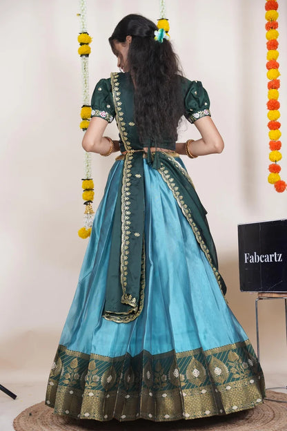 Ravleena   Women's Woven Design zari work Half Saree with Embroidered Blouse and Dupatta