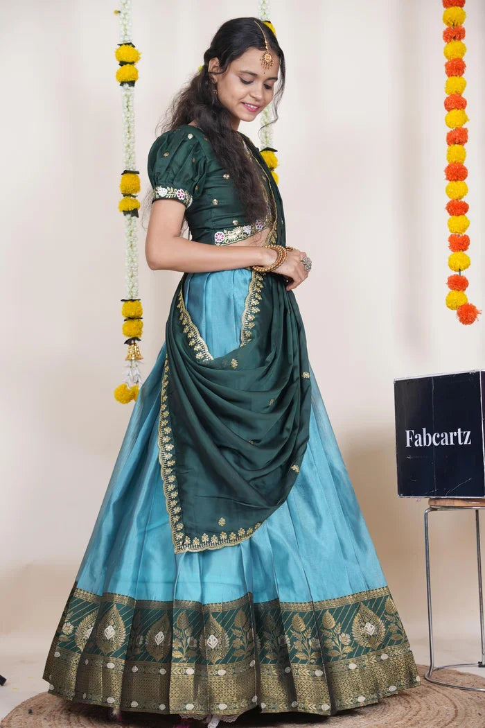 Ravleena   Women's Woven Design zari work Half Saree with Embroidered Blouse and Dupatta