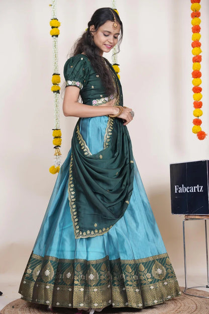 Ravleena   Women's Woven Design zari work Half Saree with Embroidered Blouse and Dupatta