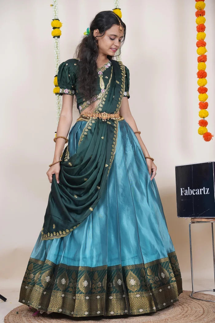 Ravleena   Women's Woven Design zari work Half Saree with Embroidered Blouse and Dupatta