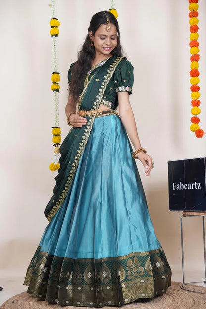 Ravleena   Women's Woven Design zari work Half Saree with Embroidered Blouse and Dupatta