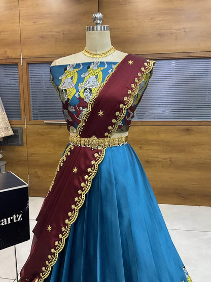 (Putrika) South Indian Festival Traditional Half Saree with Embroidered Blouse & Dupatta